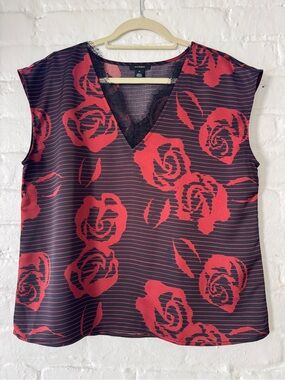 Halogen Rose Print Stripe Lace Trim V-Neck Blouse Shell Size M